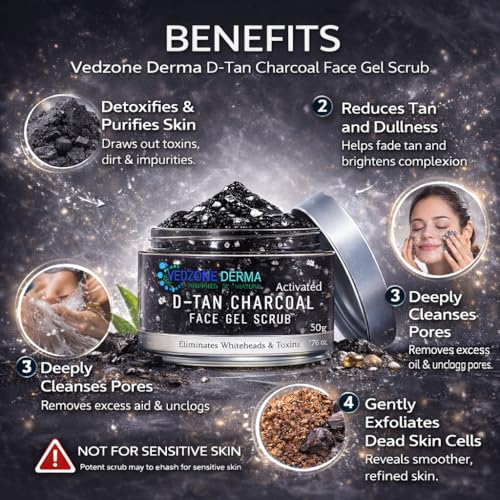 Vedzone Derma Activated Charcoal Face Scrub For Oily & Normal Skin - 50g | Deep Exfoliation Gel Scrub | Removes Impurities, Detoxifies, Brightens & Smooths Skin Naturally | Gentle Daily Use - Image 3