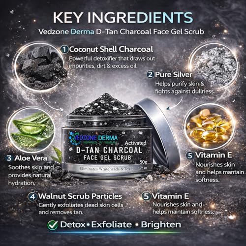Vedzone Derma Activated Charcoal Face Scrub For Oily & Normal Skin - 50g | Deep Exfoliation Gel Scrub | Removes Impurities, Detoxifies, Brightens & Smooths Skin Naturally | Gentle Daily Use - Image 5