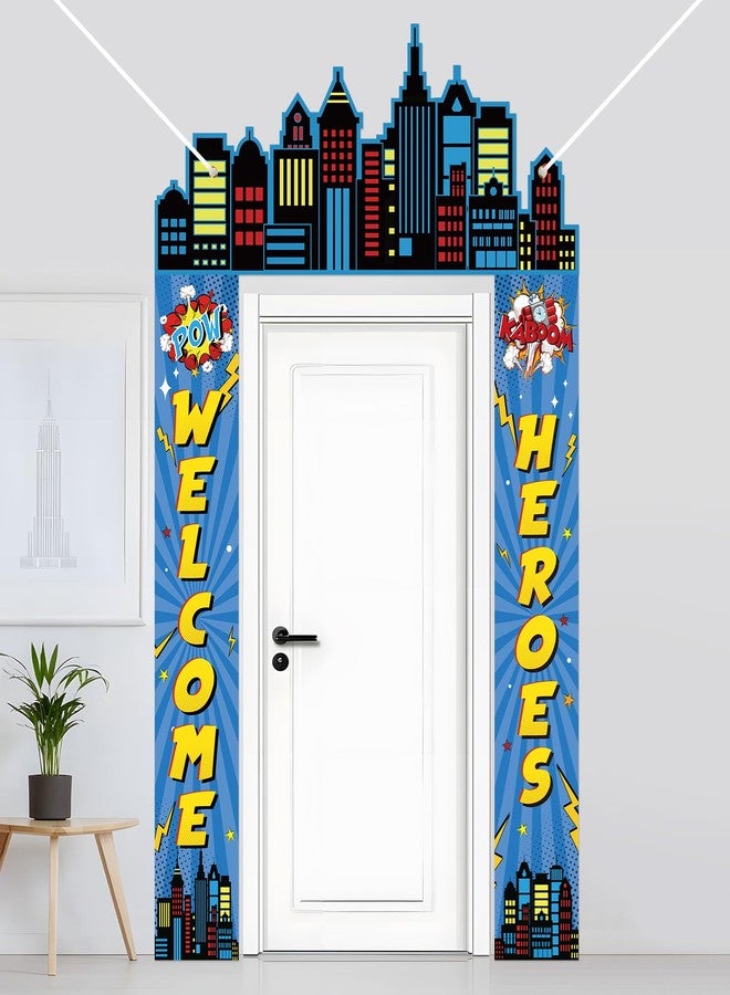 TagreSpike Hero Party Porch Banner Hero Themed Birthday Party Decoration Super City Door Banner Welcome Heroes Porch Sign Hanging Banner Backdrop for Kids Birthday Baby Shower Photo Booth Prop Supplies - Image 1