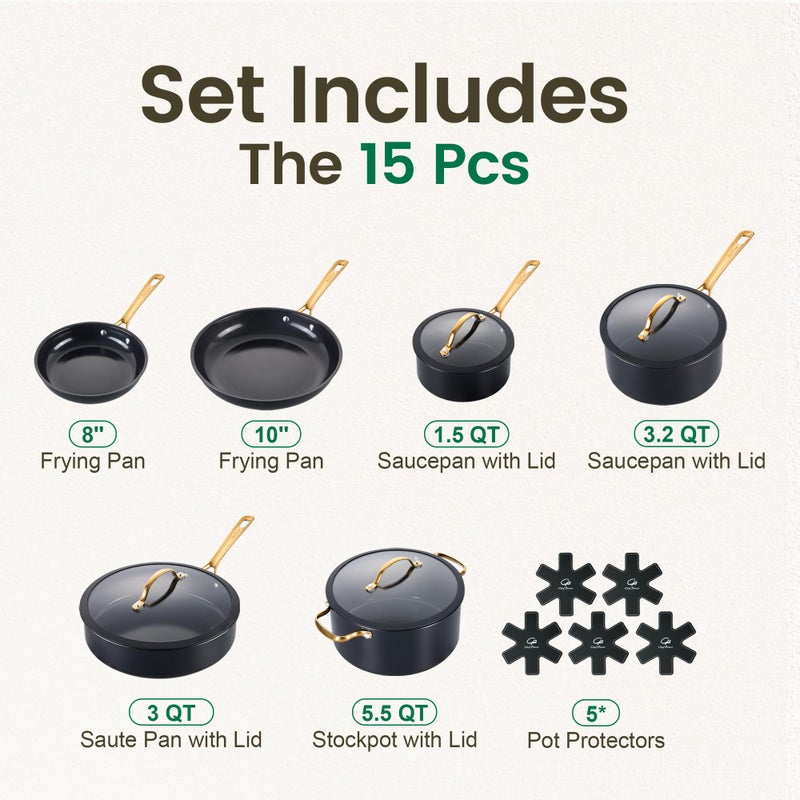 Chef Power Ceramic Cookware Sets, 15Pcs Pots and Pans Set Non Stick, Cookware Set with Stainless Steel Handle, Dishwasher & Oven Safe, Stone Black and Light Gold Handle - Image 2