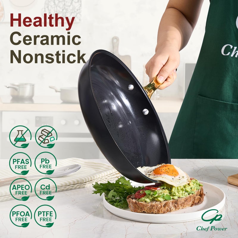 Chef Power Ceramic Cookware Sets, 15Pcs Pots and Pans Set Non Stick, Cookware Set with Stainless Steel Handle, Dishwasher & Oven Safe, Stone Black and Light Gold Handle - Image 3