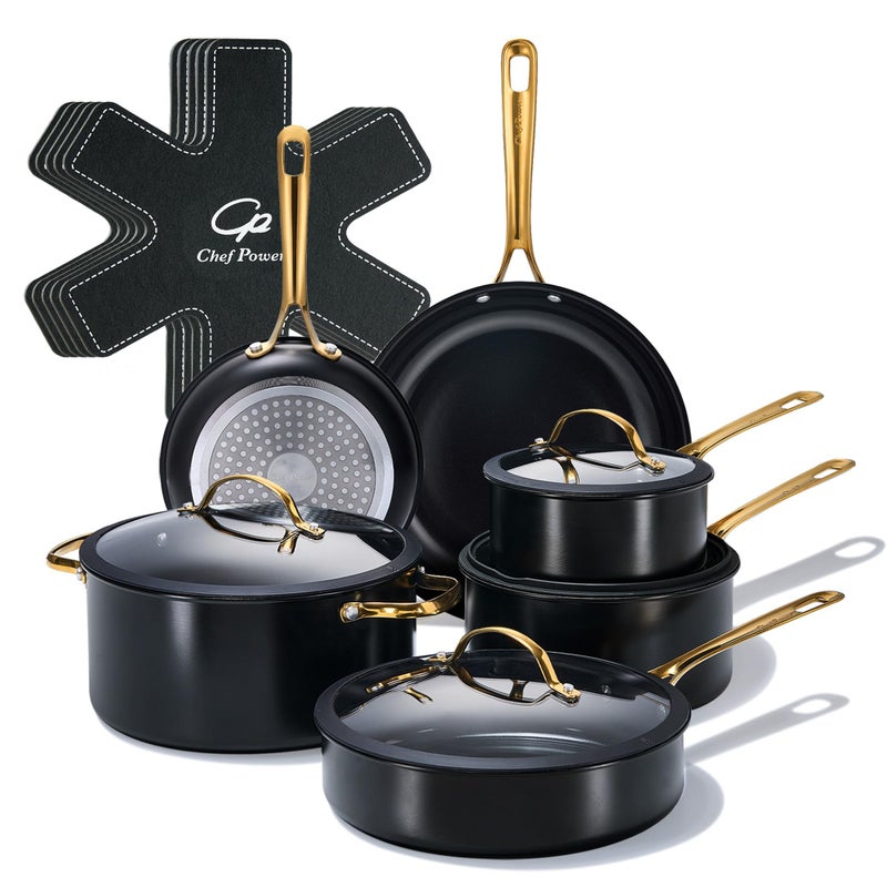 Chef Power Ceramic Cookware Sets, 15Pcs Pots and Pans Set Non Stick, Cookware Set with Stainless Steel Handle, Dishwasher & Oven Safe, Stone Black and Light Gold Handle - Image 1
