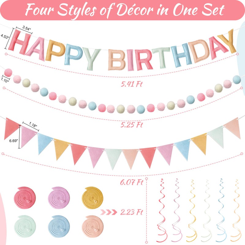 Kriyokiaa Pre-Strung Felt Happy Birthday Banner Retro Pastel Happy Birthday Party Decorations with Pom Pom Garland, Flag and Hanging Swrils for Women Girls Party Decor - Image 4