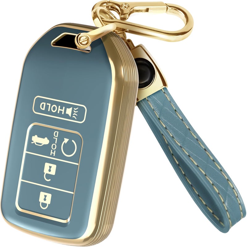 Lucrum Compatible with Honda Key Fob Cover & Leather Keychain - TPU Keyfob Case for Accord Civic CR-V HR-V Pilot Ridgeline Crosstour Fit, For 5 Button Remote (2015-2021) - Blue and Gold - Image 1