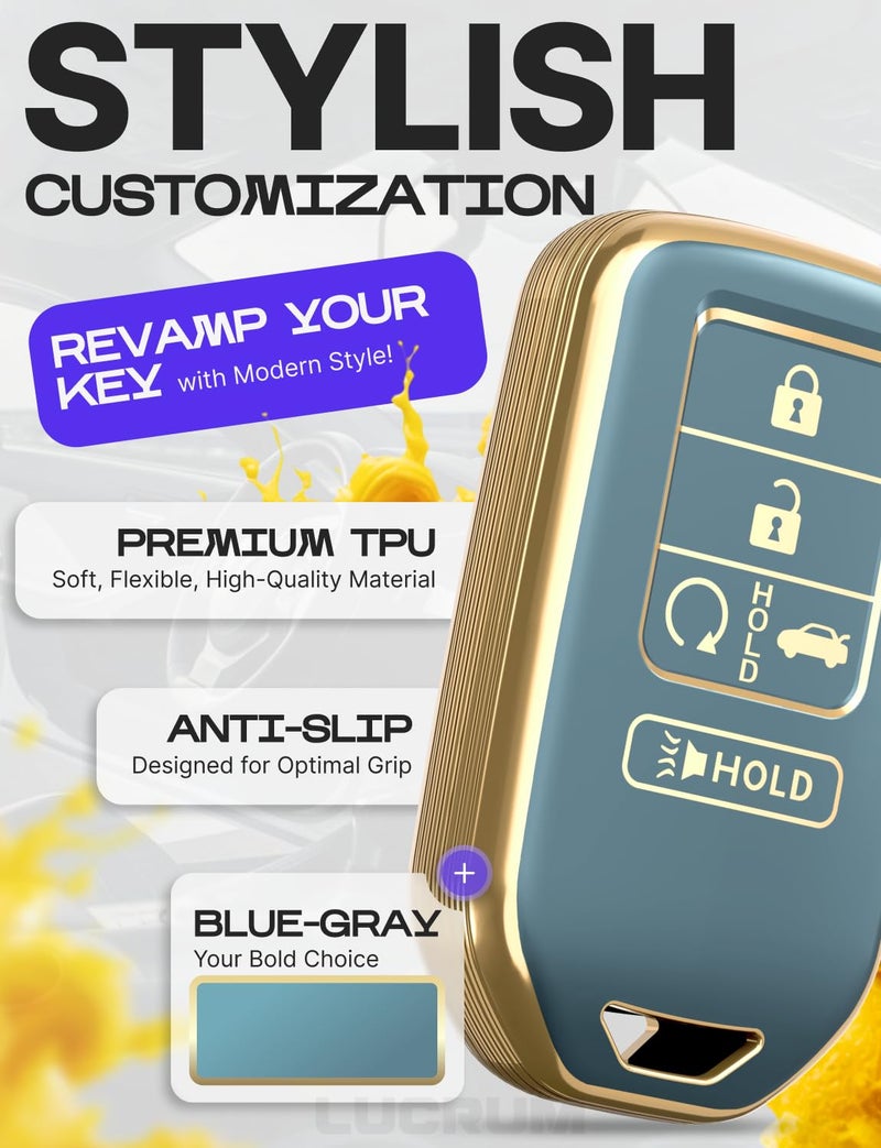Lucrum Compatible with Honda Key Fob Cover & Leather Keychain - TPU Keyfob Case for Accord Civic CR-V HR-V Pilot Ridgeline Crosstour Fit, For 5 Button Remote (2015-2021) - Blue and Gold - Image 3
