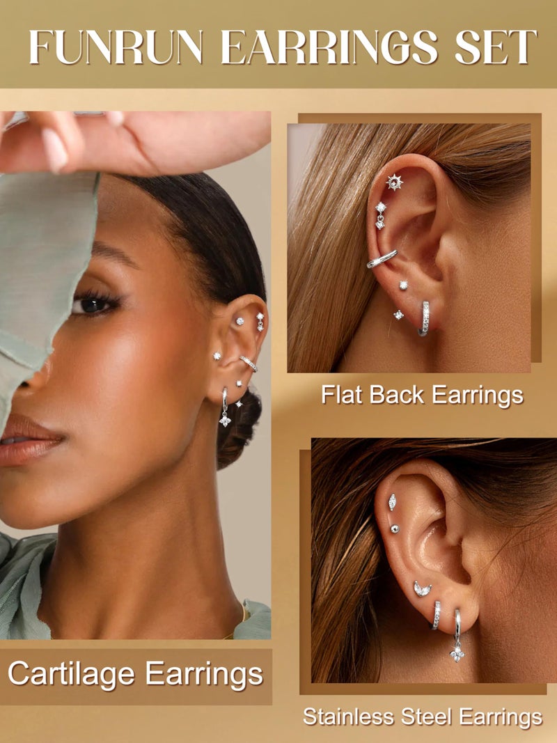 FUNRUN JEWELRY Hypoallergenic Flat Back Earrings for Women-14k Gold Plated Stainless Steel Helix & Cartilage Earrings Stacks,Dainty Hoop Stud Flatback Earring Sets for Multiple Piercing - Image 4