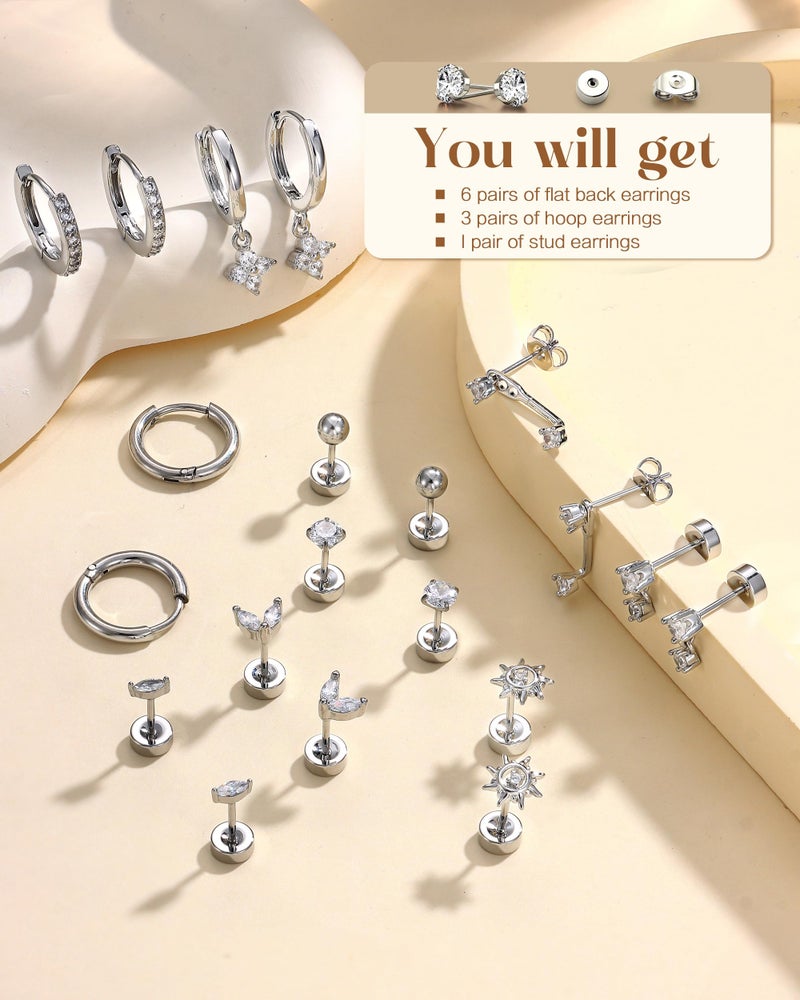 FUNRUN JEWELRY Hypoallergenic Flat Back Earrings for Women-14k Gold Plated Stainless Steel Helix & Cartilage Earrings Stacks,Dainty Hoop Stud Flatback Earring Sets for Multiple Piercing - Image 2