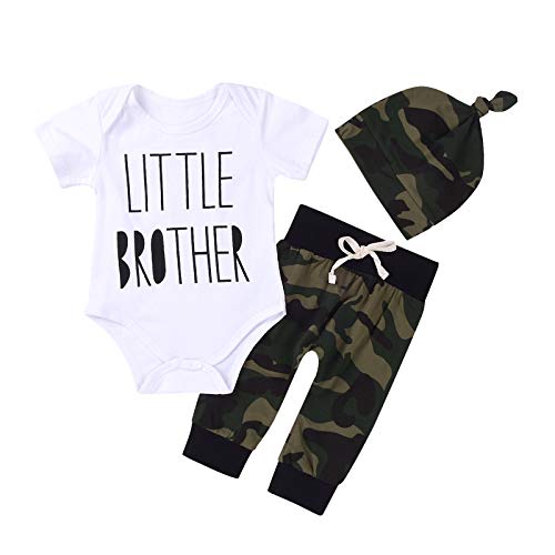 MEKILYN 3Pcs Baby Boys Little Brother Camouflage Romper Tops+Pants Leggings+ Hat Outfits Set (White&camouflage, 0-6m(Tag70)) - Image 1