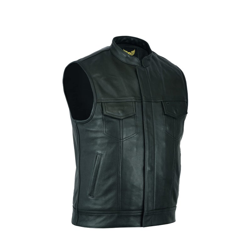 Leatherick New Men Black Leather Premium SOA Vests with Multiple Pockets and Front Zip Closure XXLarge Black With Collar