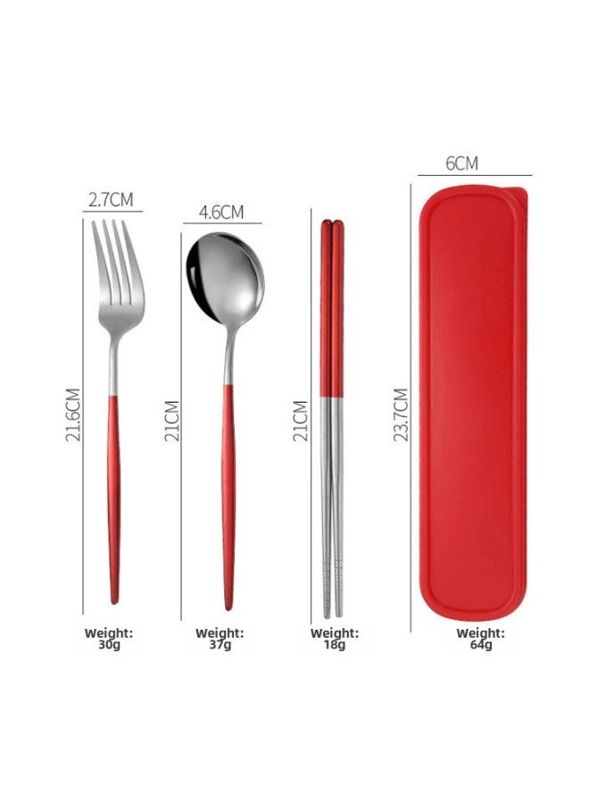 Portable Stainless Steel Titanium Coated Painted Outdoor Dining Set Mirror Polished Utensils Including Spoon Fork Chopsticks-Specifications:Red And Silver 3-piece Set  - Image 1