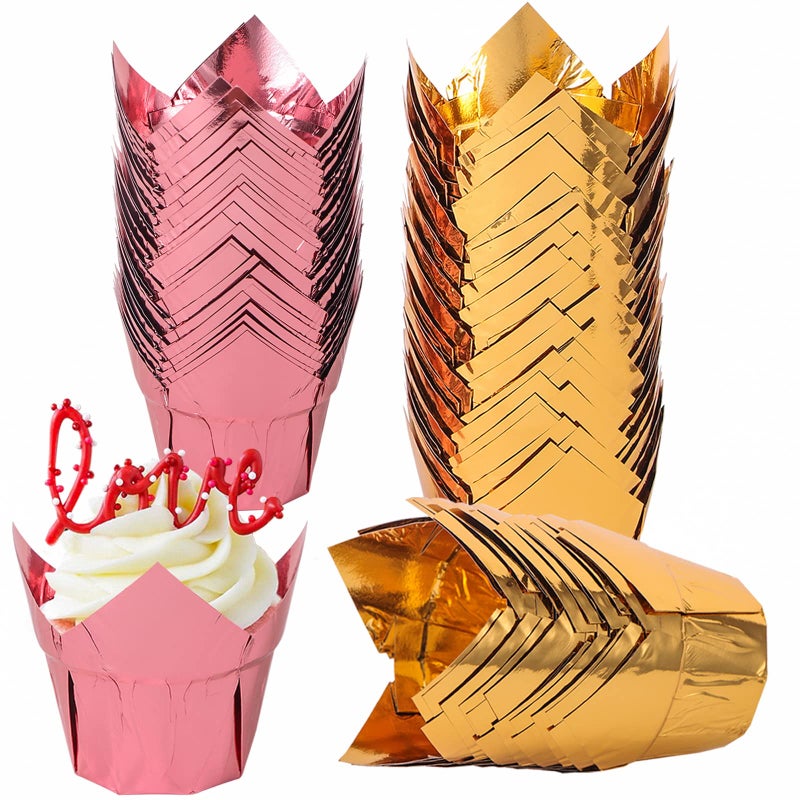 Webake Webake Tulip Cupcake Liners 100pcs Gold Muffin Liners Baking Cups 35 Ounce Disposable Rose Gold Cupcake Cups Jumbo Aluminum Foil Cupcake Wrappers for Party Wedding Birthday Christmas 