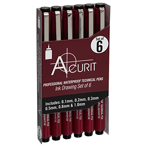 Acurit Waterproof Technical Pens - Professional Waterproof Technical Pen, Rich Blank Ink, Acid-Free, Light Fast, for Sketching, Drawing, CAlligraphy, & More! - [6-Pack - Assorted Sizes] - Image 1