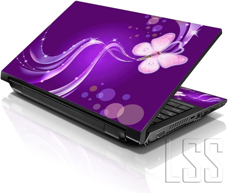 LSS 17 17.3 Inches Laptop Notebook Skin Sticker with 2 Wrist Pads - Reusable Cover Protector Vinyl Sticker Cover Decal Fits 17" - 19" HP Asus Acer Samsung - Purple Butterfly Pattern - Image 1