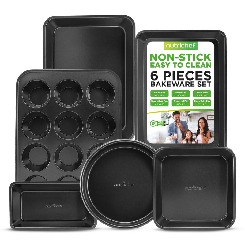 NutriChef 6-Piece Nonstick Baking Pans Set - Black Carbon Steel with Premium Non-Stick Coating - Includes Cookie Baking Sheets, 12-Cup Muffin Pan, Roasting Pan, Loaf & Cake Pans - Dishwasher Safe - Image 1