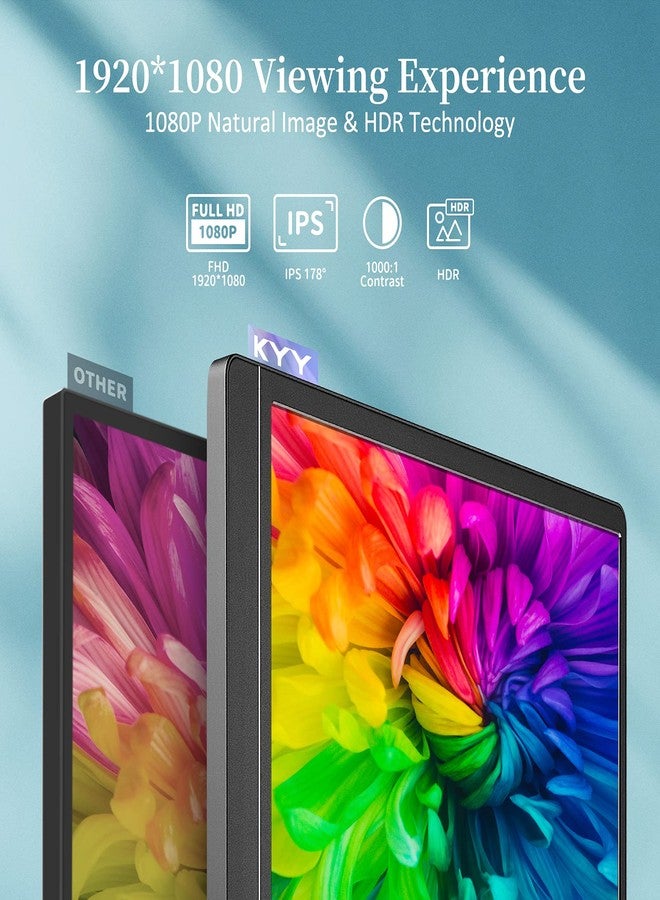KYY شاشة KYY المحمولة مقاس 15.6 بوصة بدقة 1080P FHD لأجهزة الكمبيوتر المحمول، شاشة ألعاب خارجية USB-C HDMI IPS HDR مع غطاء ذكي ومكبر صوت مزدوج لأجهزة الكمبيوتر والهواتف وأجهزة Mac وXbox وPS4 وSwitch [مطورة] - Image 2