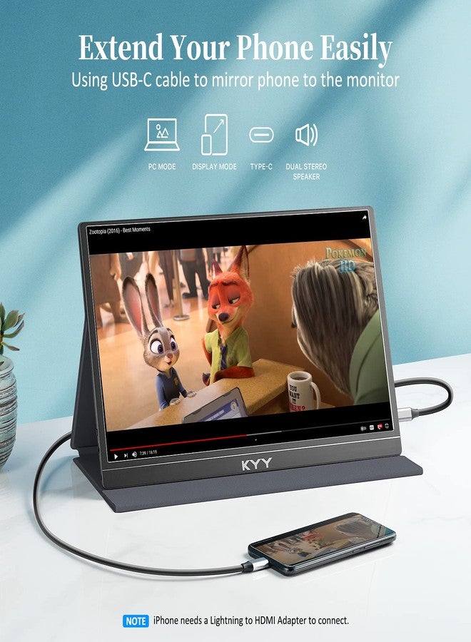 KYY شاشة KYY المحمولة مقاس 15.6 بوصة بدقة 1080P FHD لأجهزة الكمبيوتر المحمول، شاشة ألعاب خارجية USB-C HDMI IPS HDR مع غطاء ذكي ومكبر صوت مزدوج لأجهزة الكمبيوتر والهواتف وأجهزة Mac وXbox وPS4 وSwitch [مطورة] - Image 5
