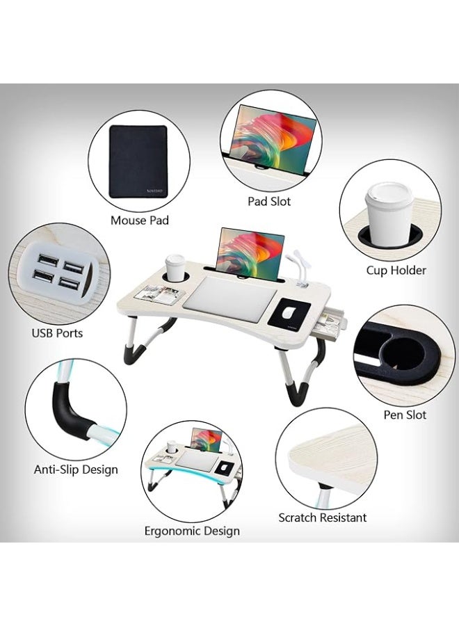 Foldable Laptop Desk Bed Tray with Storage Drawer Cup Holder and USB Port, Multi Function Lap Desk for Working Reading and Study - Image 3