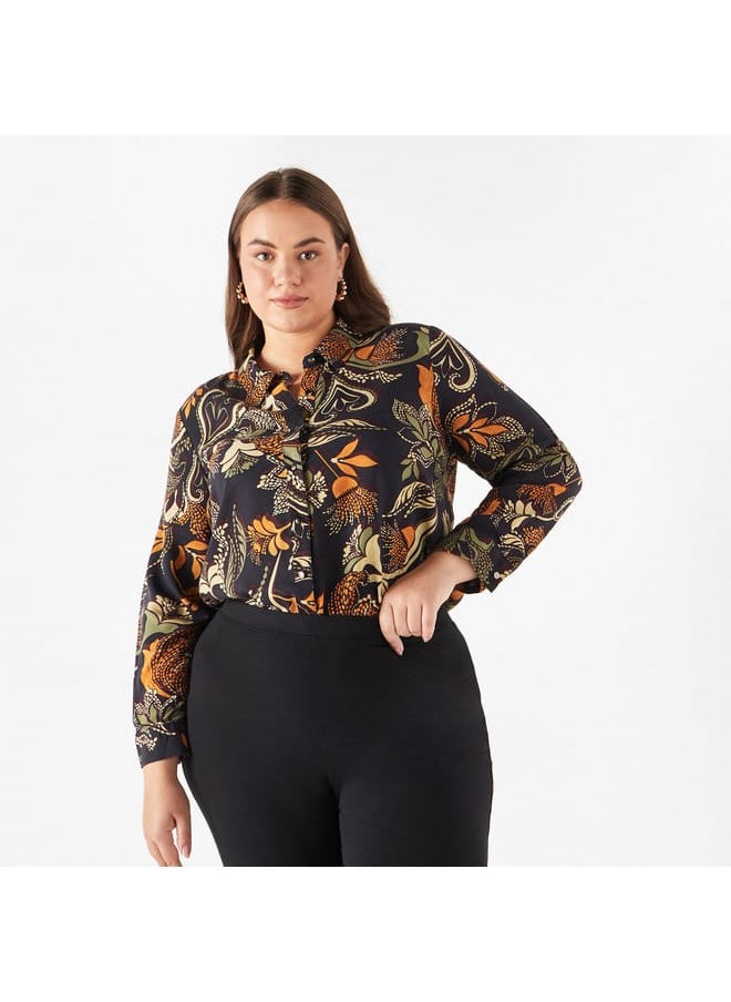 Ulla Popken Plus Size Ulla Popken All-Over Print Shirt with Collar and Long Sleeves  - Image 1