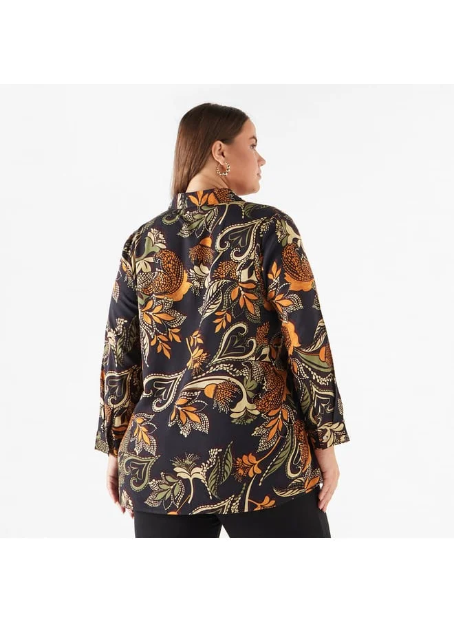Ulla Popken Plus Size Ulla Popken All-Over Print Shirt with Collar and Long Sleeves