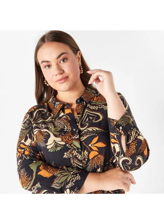 Ulla Popken Plus Size Ulla Popken All-Over Print Shirt with Collar and Long Sleeves