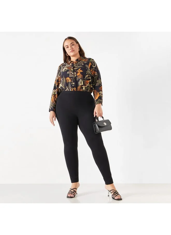 Ulla Popken Plus Size Ulla Popken All-Over Print Shirt with Collar and Long Sleeves