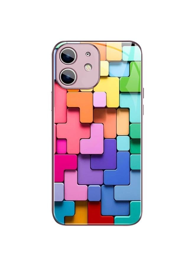 زبون جراب لهاتف iPhone 12 mini بنمط مكعبات ألعاب ملونة، جراب هاتف زجاجي مقاوم للصدمات - Image 1