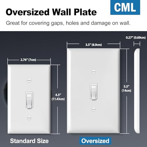 CML Hardware CML Jumbo Toggle Light Switch Wall Plate 20 Pack Oversized Light Switch Covers 1Gang Large Switch Plate Cover OverSize 55 x 35 Unbreakable Polycarbonate Gloss White ETL Listed - Image 3