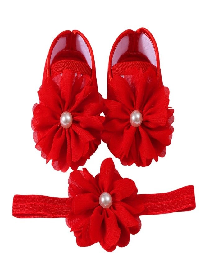 SYGA Baby Flower Pearl Hairband & Shoes Set Soft, Comfortable Fit for Ages 3-18 Month-old's Ideal for Newborns & Toddlers(Red) - Image 1