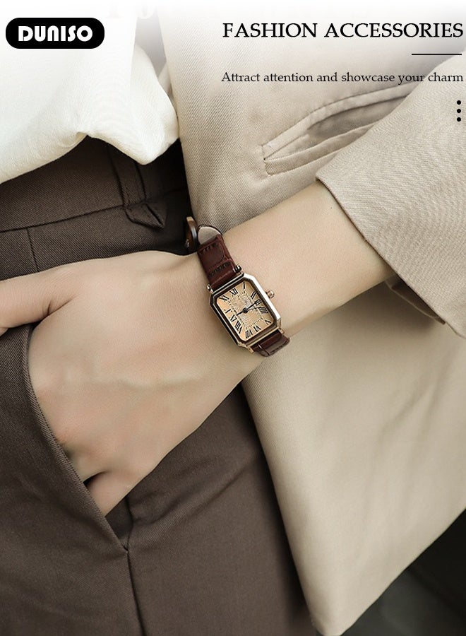 DUNISO Women's watch, simple women's watch, genuine leather small square watch, watch with elegant women's style, pointer-style vintage exquisite watch - Image 3