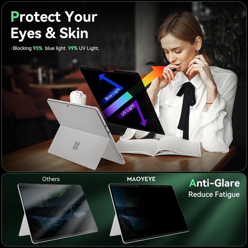 واقي شاشة مغناطيسي للخصوصية لجهاز Surface Pro 9/8/X - مقاس 13 بوصة، فلتر مضاد للوهج، فيلم مضاد للضوء الأزرق، درع قابل للإزالة، ملحقات Microsoft Surface Pro 9، غطاء قابل لإعادة الاستخدام، حماية غير لاصقة وخالية من الفقاعات - Image 4