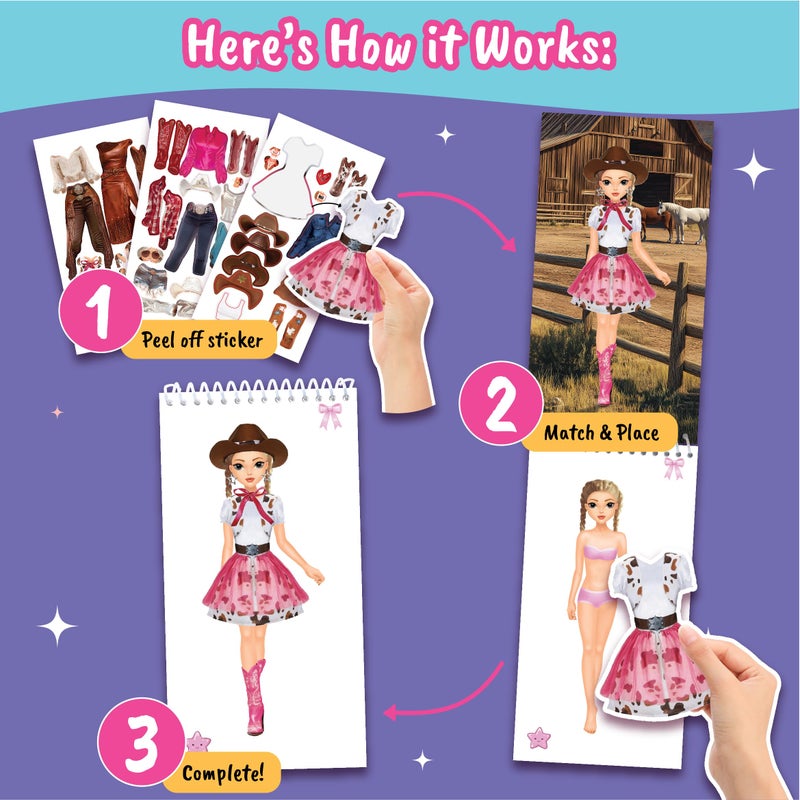 BSCOOL Sticker Dress up Books - Sticker Activity Book for Kids. Learn Girls Fashion Design with Stickers and Guides for Kids 5 and up. Little Designer Creativity Book. (Sticker Dress Up Cowgirl) - Image 2