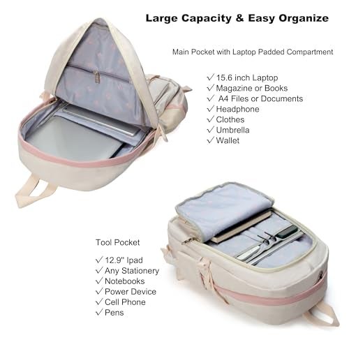 Hidds Laptop Backpacks 15.6 Inch College Backpack Elementary Middle High School Bag Large Cute Bookbags Anti Theft Travel Back Pack Casual Daypack Kids Book Bag for Teens Girls Women Students (Off-white) - Image 3