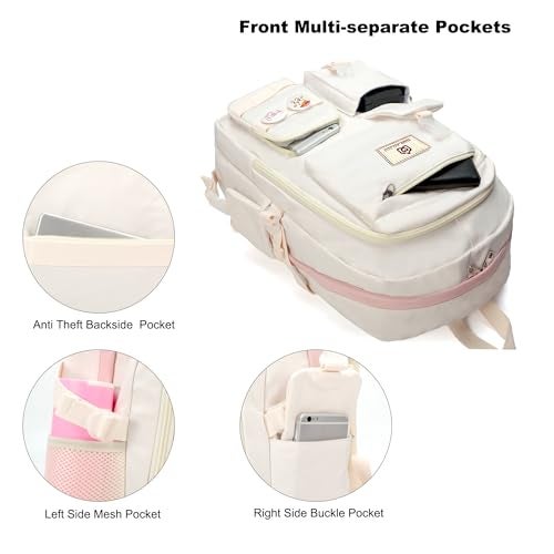 Hidds Laptop Backpacks 15.6 Inch College Backpack Elementary Middle High School Bag Large Cute Bookbags Anti Theft Travel Back Pack Casual Daypack Kids Book Bag for Teens Girls Women Students (Off-white) - Image 4