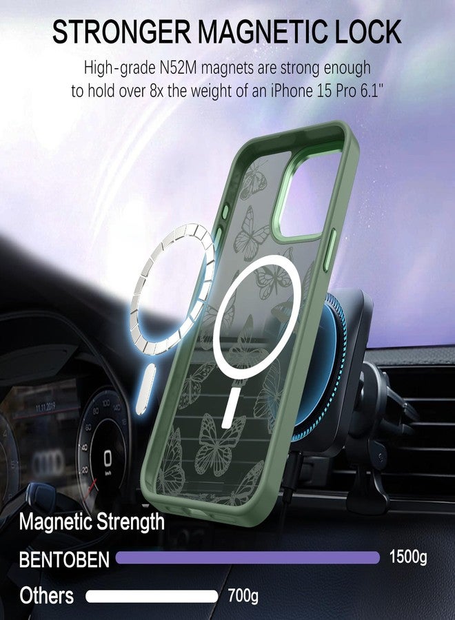 BENTOBEN for iPhone 15 Pro Case,Cute Butterfly Pattern iPhone 15 Pro Magnetic Case [Compatible with MagSafe] Translucent Matte Slim Women Girl Protective Case for iPhone 15 Pro 6.1", Green - Image 4