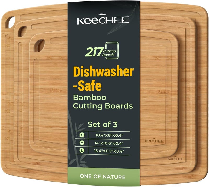 keechee Dishwasher Safe Bamboo Cutting Boards Durable Lightweight Wood Cutting Board for Busy Kitchen, Easy Clean Wooden Chopping Boards with Juice Groove Set of 3 (L+M+S) - Image 1