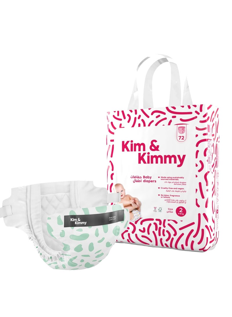 Kim & Kimmy Eco Diapers, Size 2, 4-8 kg, 72 Diapers - 12 Hour Leak Protection, No Rashes, Hypoallergenic, Ultra-Soft & Highly Absorbent - Cruelty Free & Vegan - Image 1