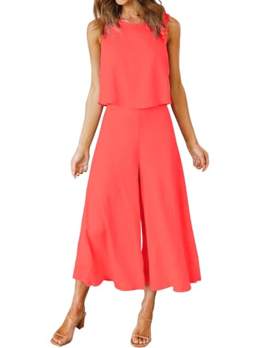 ROYLAMP Women's Summer 2 Piece Outfits Round Neck Crop Basic Top Cropped Wide Leg Pants Set Jumpsuits Bright Orange XL - Image 1