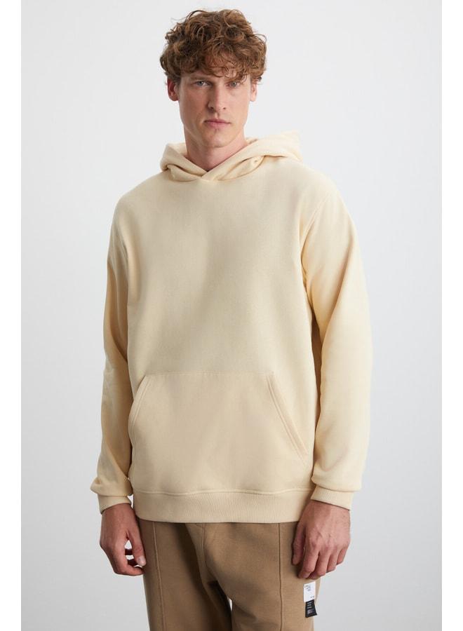 GRIMELANGE Cartmel Men's Knit 3‑Yarn Relaxed Fit Comfortable Style Kangaroo Pocket Hooded Beige Sweatshirt - Image 1
