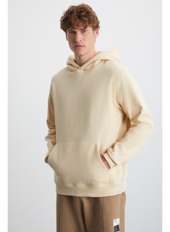 GRIMELANGE Cartmel Men's Knit 3‑Yarn Relaxed Fit Comfortable Style Kangaroo Pocket Hooded Beige Sweatshirt - Image 3