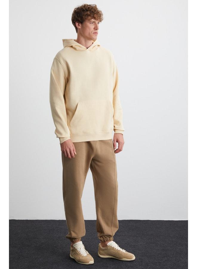 GRIMELANGE Cartmel Men's Knit 3‑Yarn Relaxed Fit Comfortable Style Kangaroo Pocket Hooded Beige Sweatshirt - Image 2