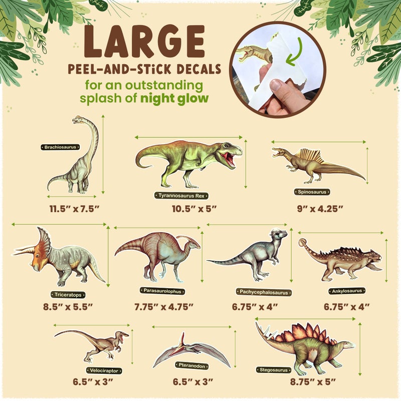 Rayliad Glow In The Dark Dinosaur Wall Stickers - 10 Large Bright Wall Decals For Bedroom Walls And Ceilings - For Boys Room And Girls Room - Set 1 - Image 2