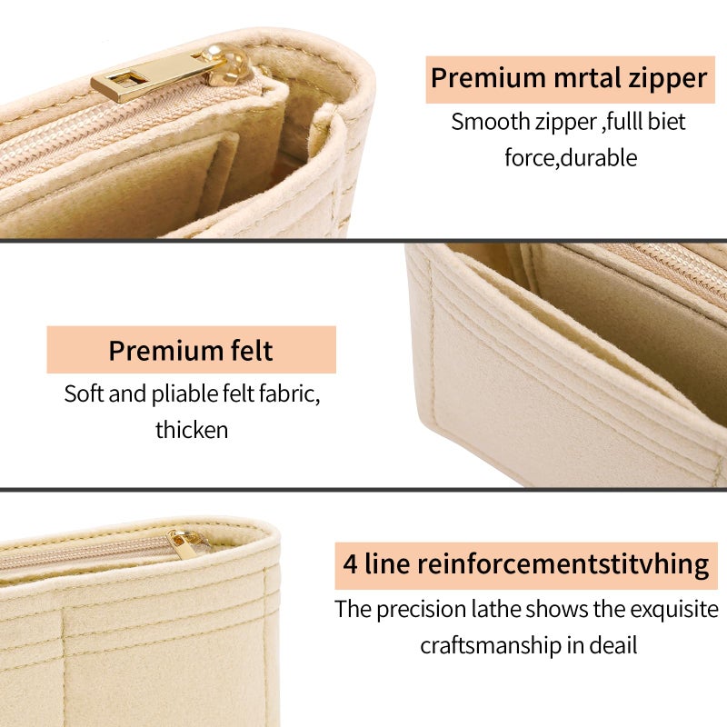 LOUKAYCCI Felt Insert Purse Organizer with Zipper fit GG Marmont Matelasse Shoulder Bag, Organizer Handbag Tote Liner Pouch for Women Inner Bladder Bag Storage Bag (Mini, Beige) - Image 5