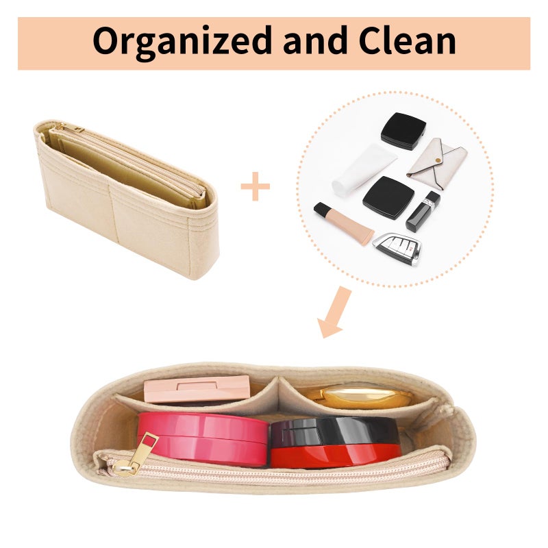 LOUKAYCCI Felt Insert Purse Organizer with Zipper fit GG Marmont Matelasse Shoulder Bag, Organizer Handbag Tote Liner Pouch for Women Inner Bladder Bag Storage Bag (Mini, Beige) - Image 3