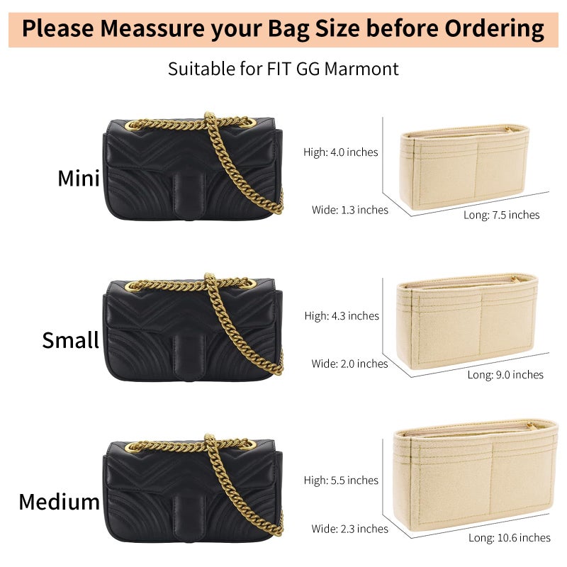 LOUKAYCCI Felt Insert Purse Organizer with Zipper fit GG Marmont Matelasse Shoulder Bag, Organizer Handbag Tote Liner Pouch for Women Inner Bladder Bag Storage Bag (Mini, Beige) - Image 2