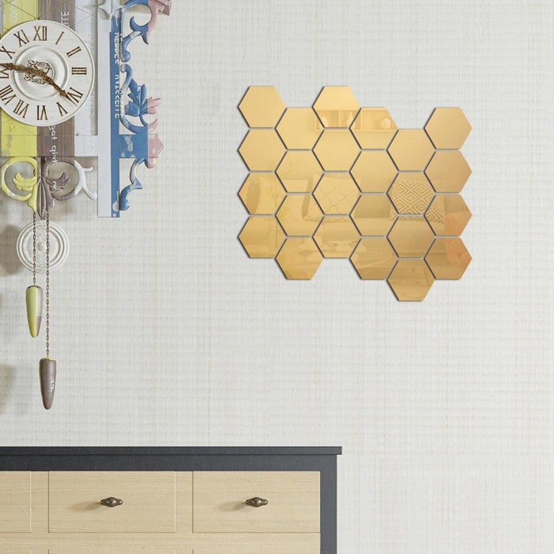 Hexagon Mirror Wall Sticker: 32PCS Gold 4cm Side Acrylic Decorative Mirror - Scratch-Resistant Protective Film Removable Mirror Wall Decals for Home Office Living Room Dining Room Gym Hallway Porch - Image 2