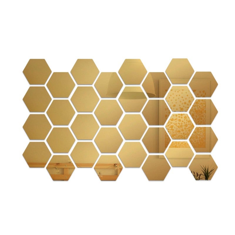 Hexagon Mirror Wall Sticker: 32PCS Gold 4cm Side Acrylic Decorative Mirror - Scratch-Resistant Protective Film Removable Mirror Wall Decals for Home Office Living Room Dining Room Gym Hallway Porch - Image 1