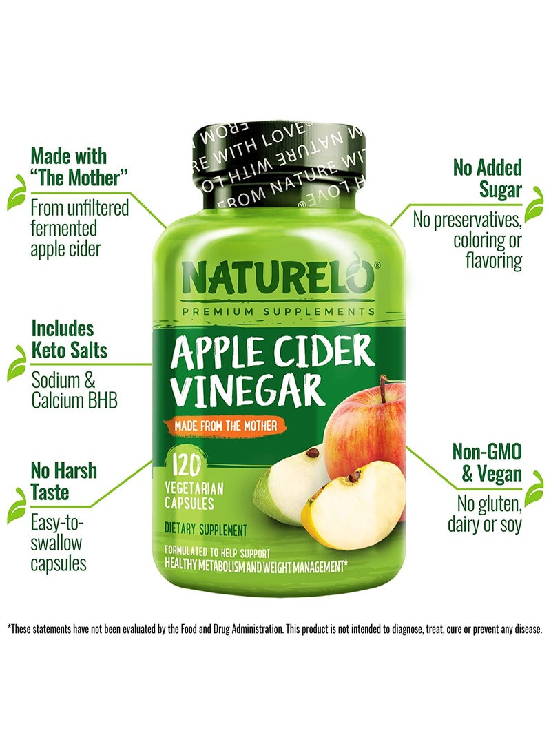 NATURELO - Apple Cider Vinegar Made From The Mother, 120 Vegan Capsules Dietary Supplements - Image 1