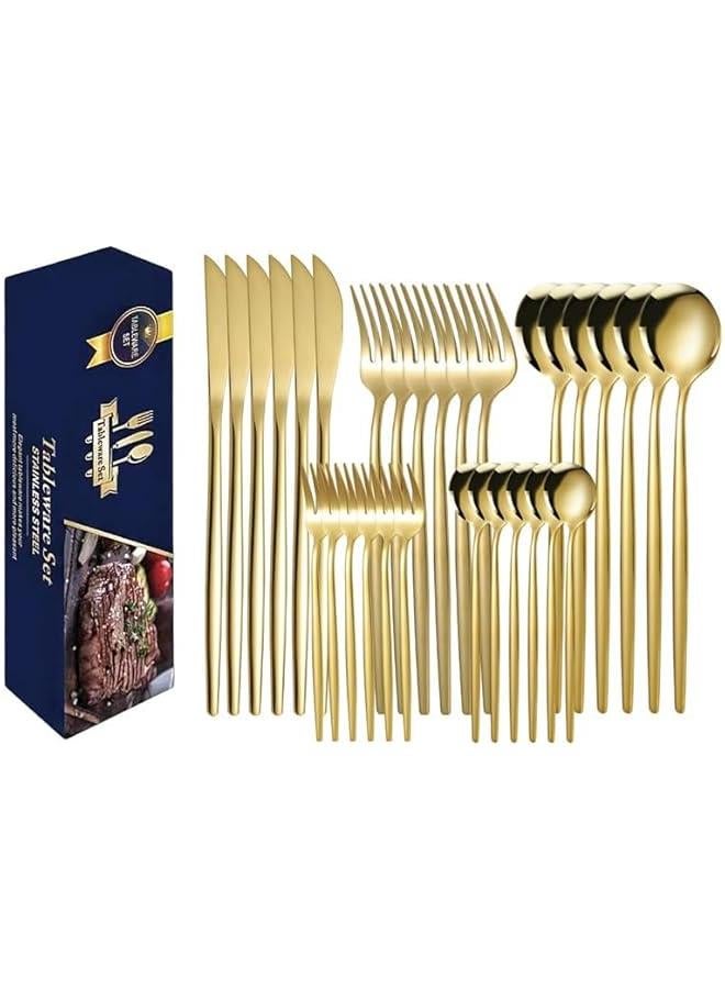 HOOKOR 30 PCS Stainless Steel Flatware Cutlery Set,Service for 6, Knife Fork And Spoon For Home & Restaurant (Gold) - Image 1