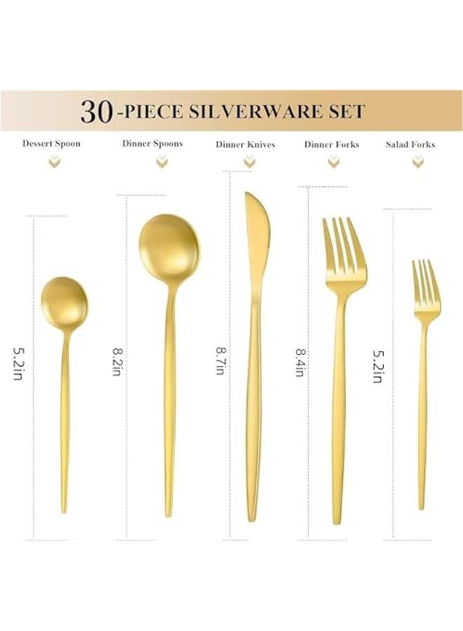 HOOKOR 30 PCS Stainless Steel Flatware Cutlery Set,Service for 6, Knife Fork And Spoon For Home & Restaurant (Gold) - Image 2