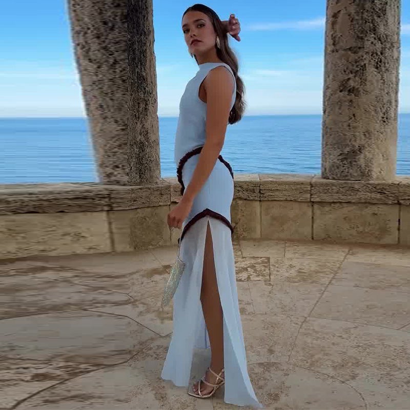 2025 Women'S Sleeveless Spliced Mesh Slit Slimming Long Dress - Image 4